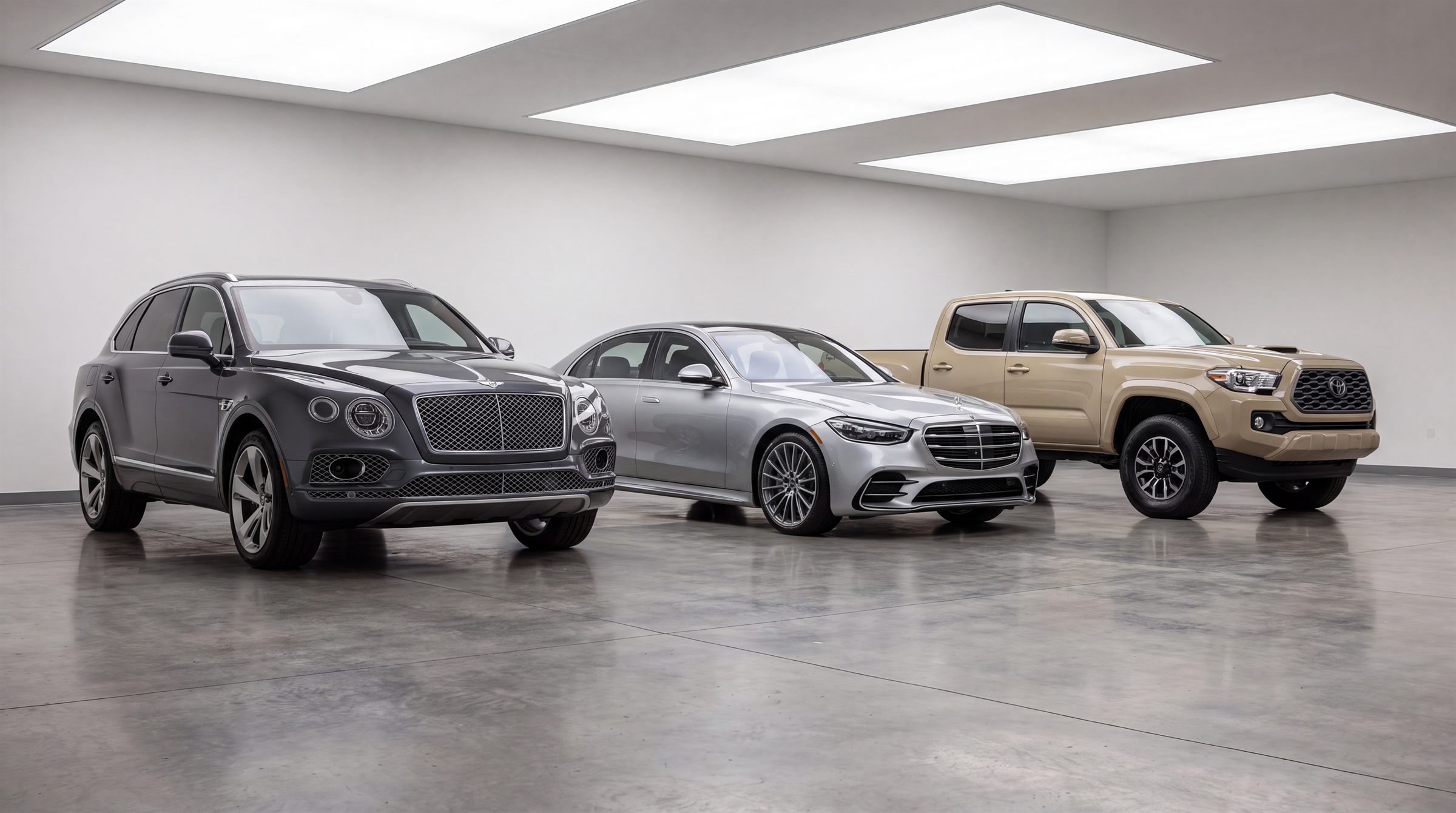 A luxury SUV, sedan, and pickup truck lined up in a bright studio