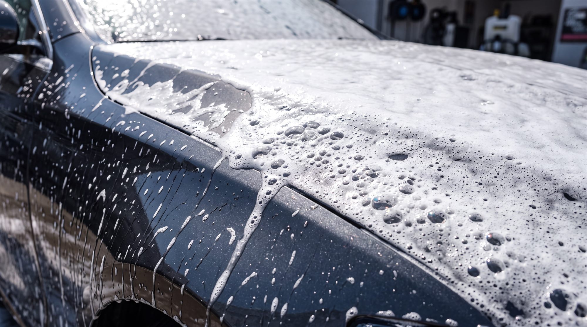 Thick foam bath clinging to a dark car during an exterior wash