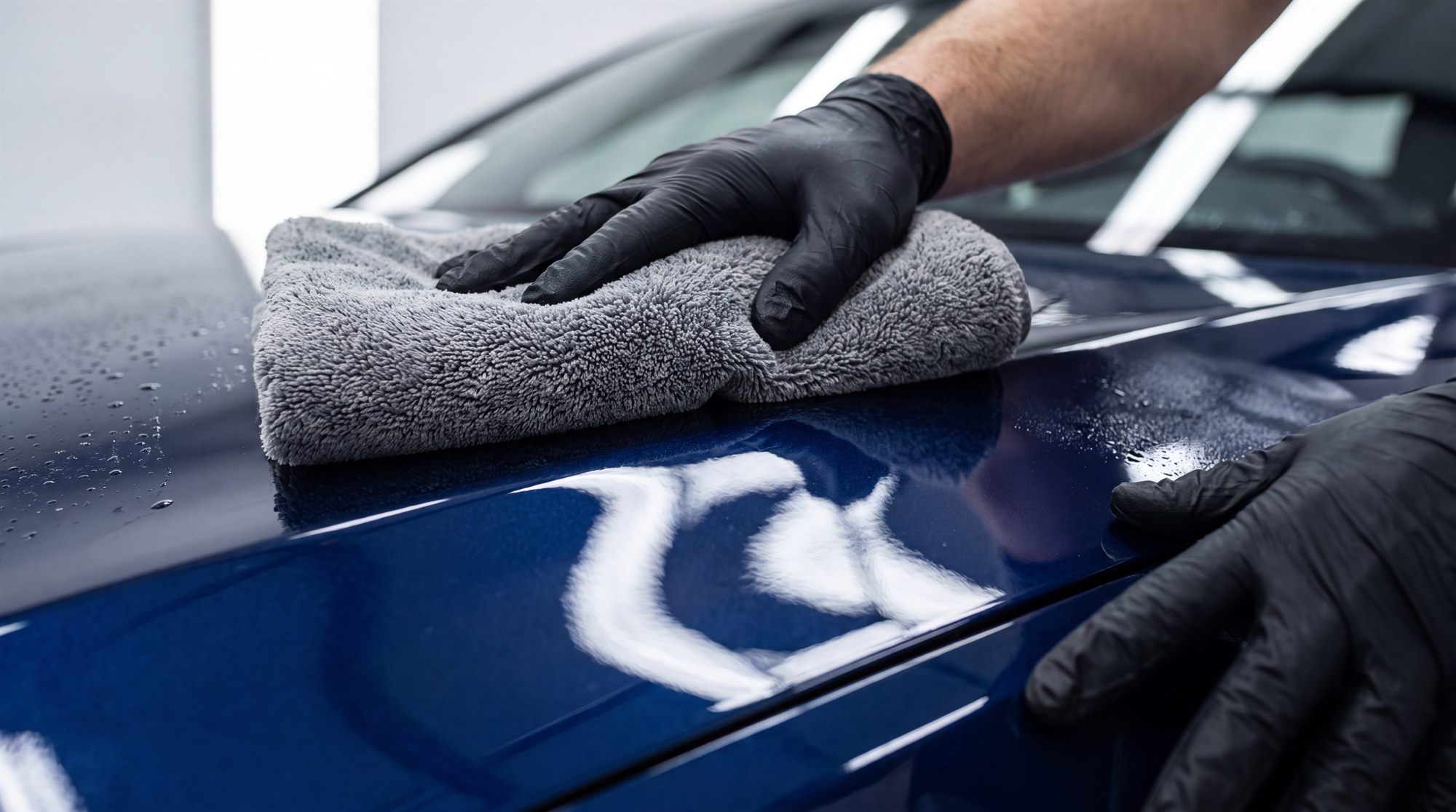 Detailer hand-finishing a deep blue hood with a microfibre towel
