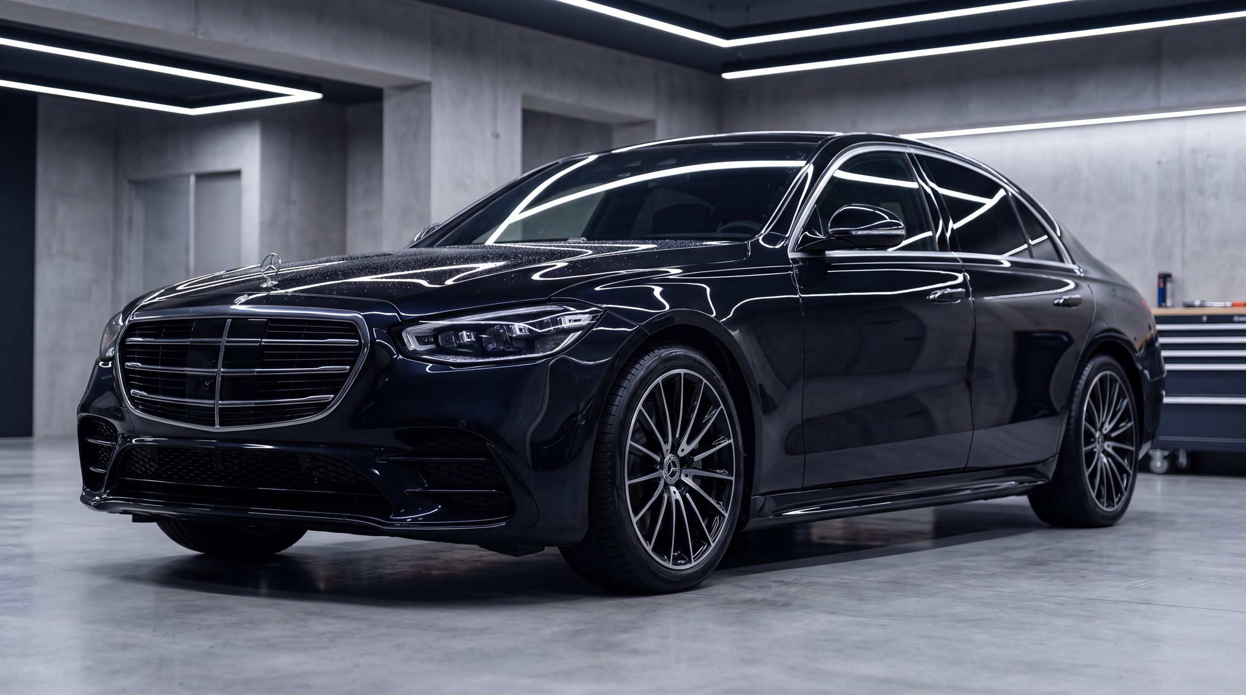 Freshly detailed black luxury sedan in a dark concrete studio